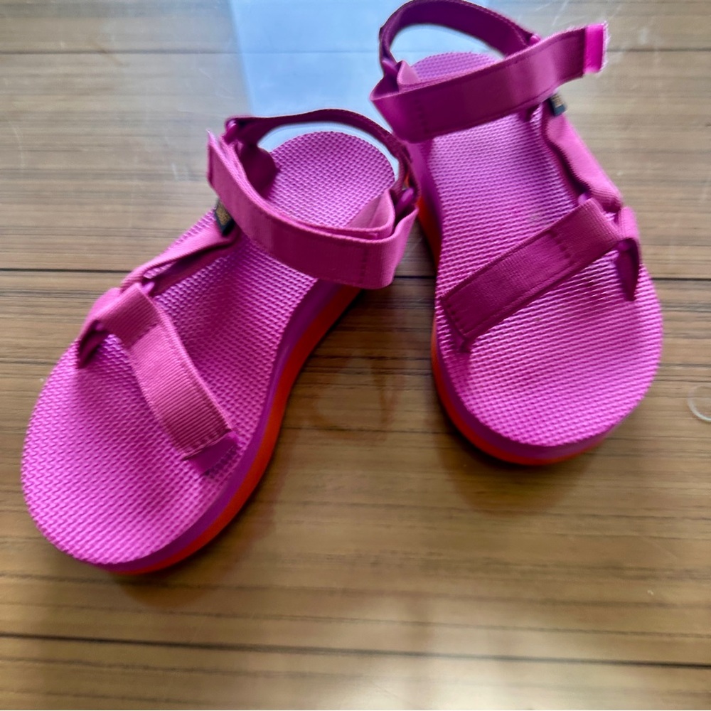 TEVA Fuchsia Hot Pink 🌺 Sunset Orange 🍊 platform sport slide sandals Barbiecore - Picture 2 of 7